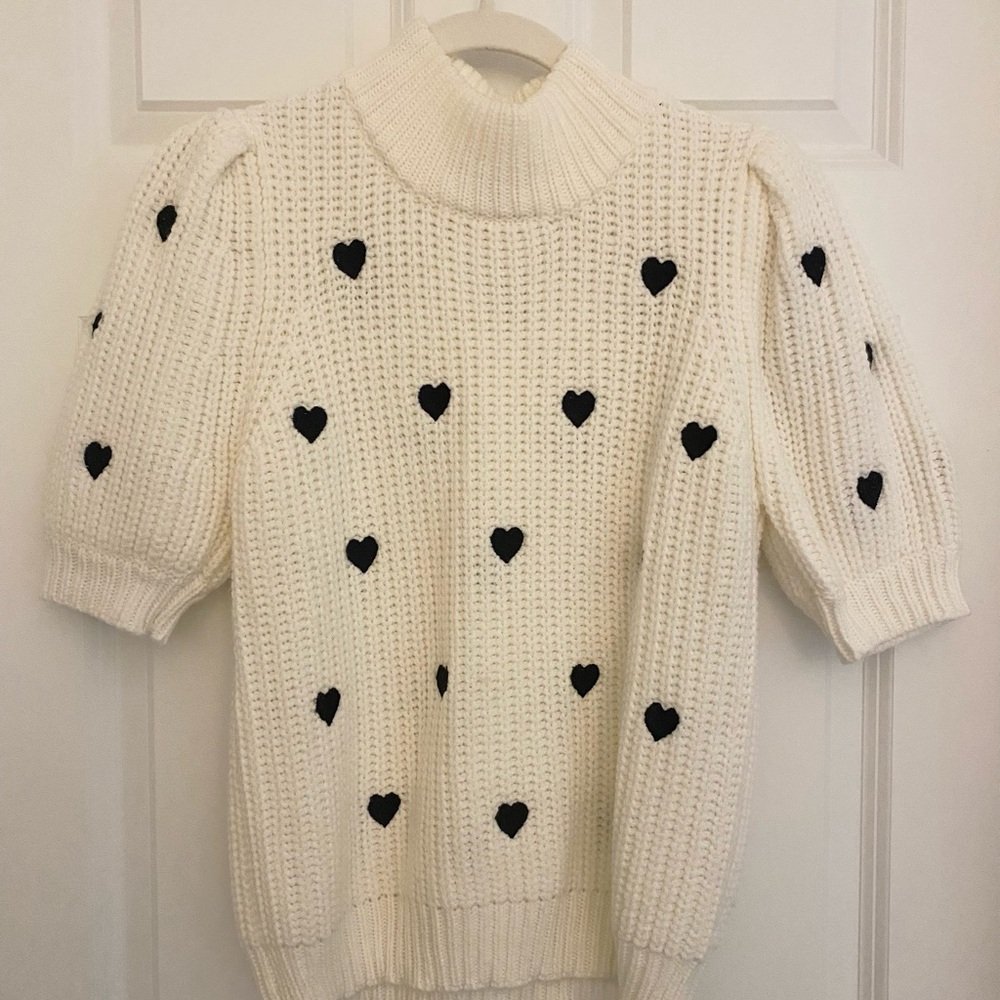English Factory Ivory and Black Lucy Embroidered Heart Sweater